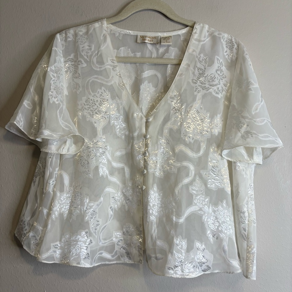 VICTORIA'S SECRET Gold Label Blouse Pull Over Ivory‎ Lace Sheer Floral Size M